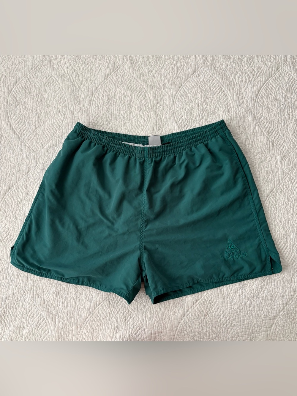 Vintage Le Coq Sportif Teal Green Men's Swim Trunks w/logo. Size L. Great shape